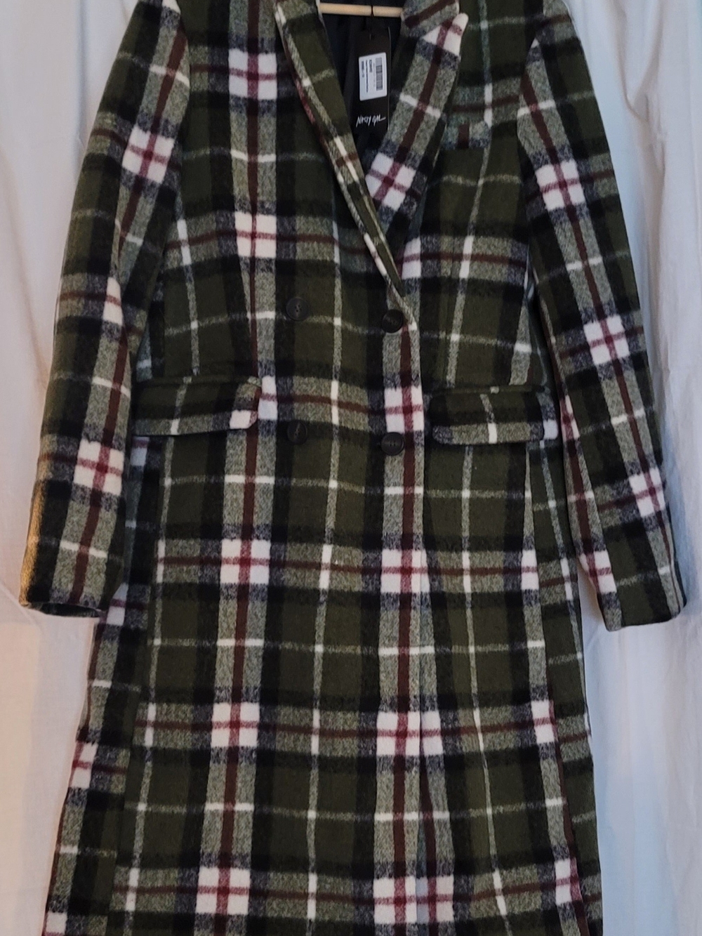 Nasty Gal Olive/Cream/Maroon/Black Plaid Double-Breasted Trench Coat